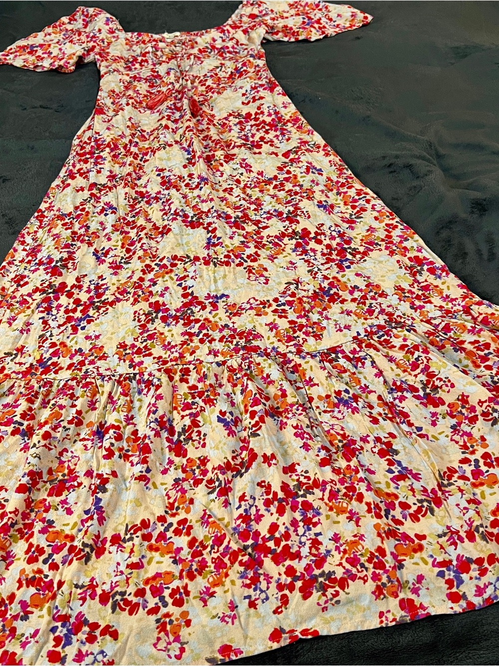 LoveStitch Wms Cream Red Floral Pleated Smocked Cottagecore Maxi Dress S/M - Picture 7 of 11
